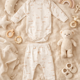 Conjunto Body Longo Canelado Bordado Trenzinho – Conforto e Charme para Bebês