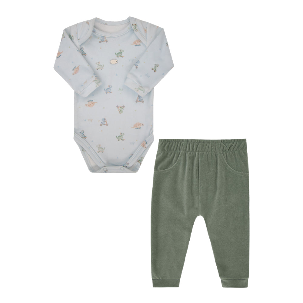 Conjunto de Bebê Azul com Estampa Divertida e Calça Verde Confortável