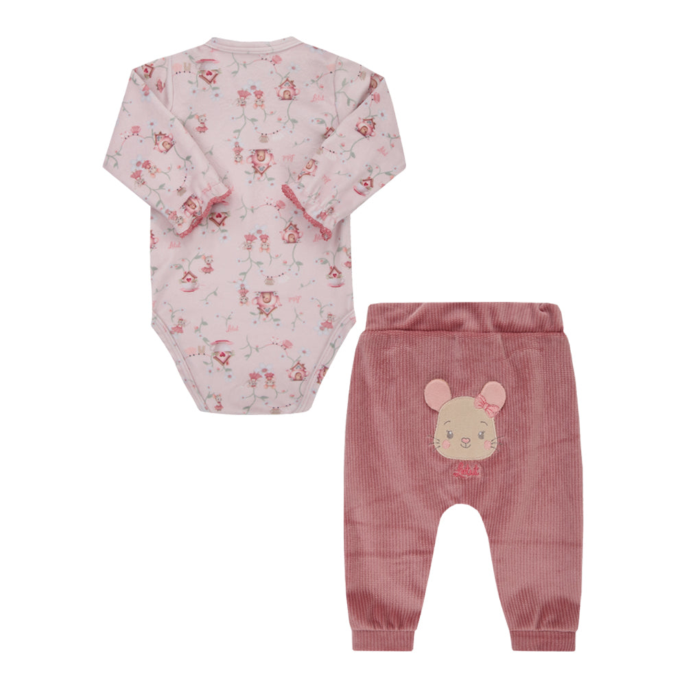 Conjunto de Bebê Rosa com Estampa Delicada e Calça Texturizada