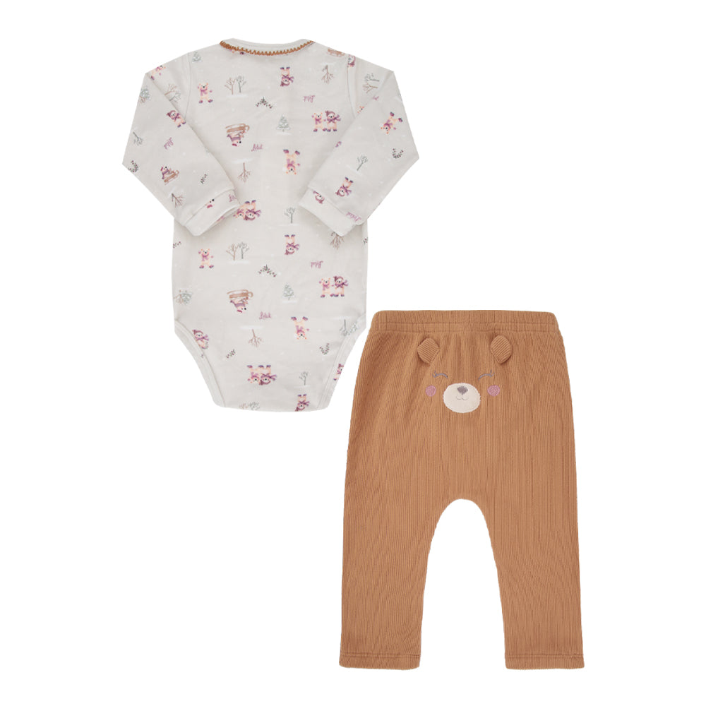 Conjunto de Bebê Branco com Estampa Floral e Calça Bege Texturizada
