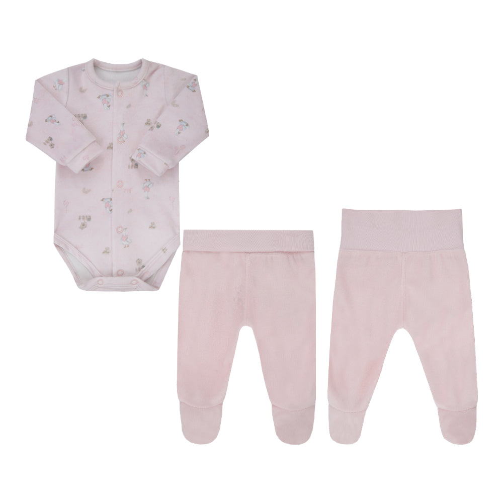 Conjunto de Bebê Rosa com Body Estampado e Calça Azul