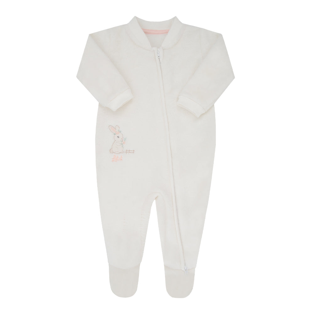 Macacão Longo de Bebê Branco com Bordado de Coelho para Conforto Diário