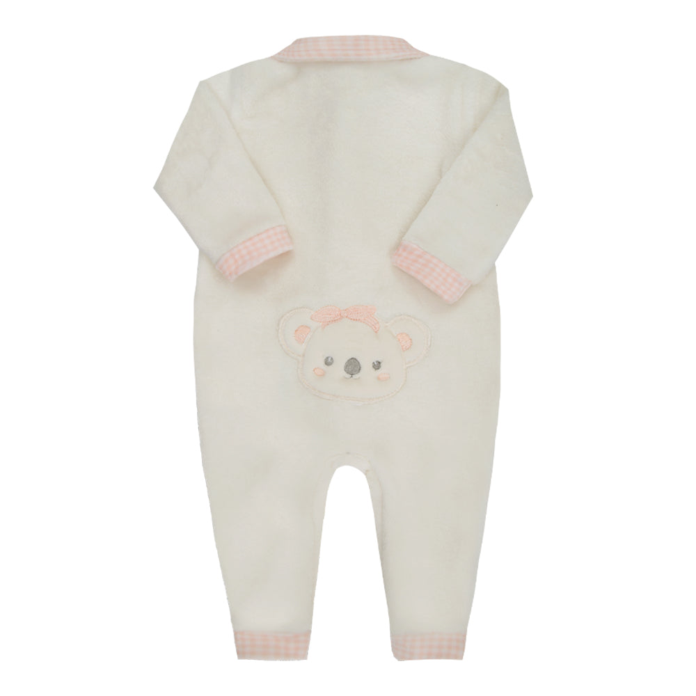 Macacão Longo de Bebê Off-White com Bordado de Ursinho para Conforto Diário