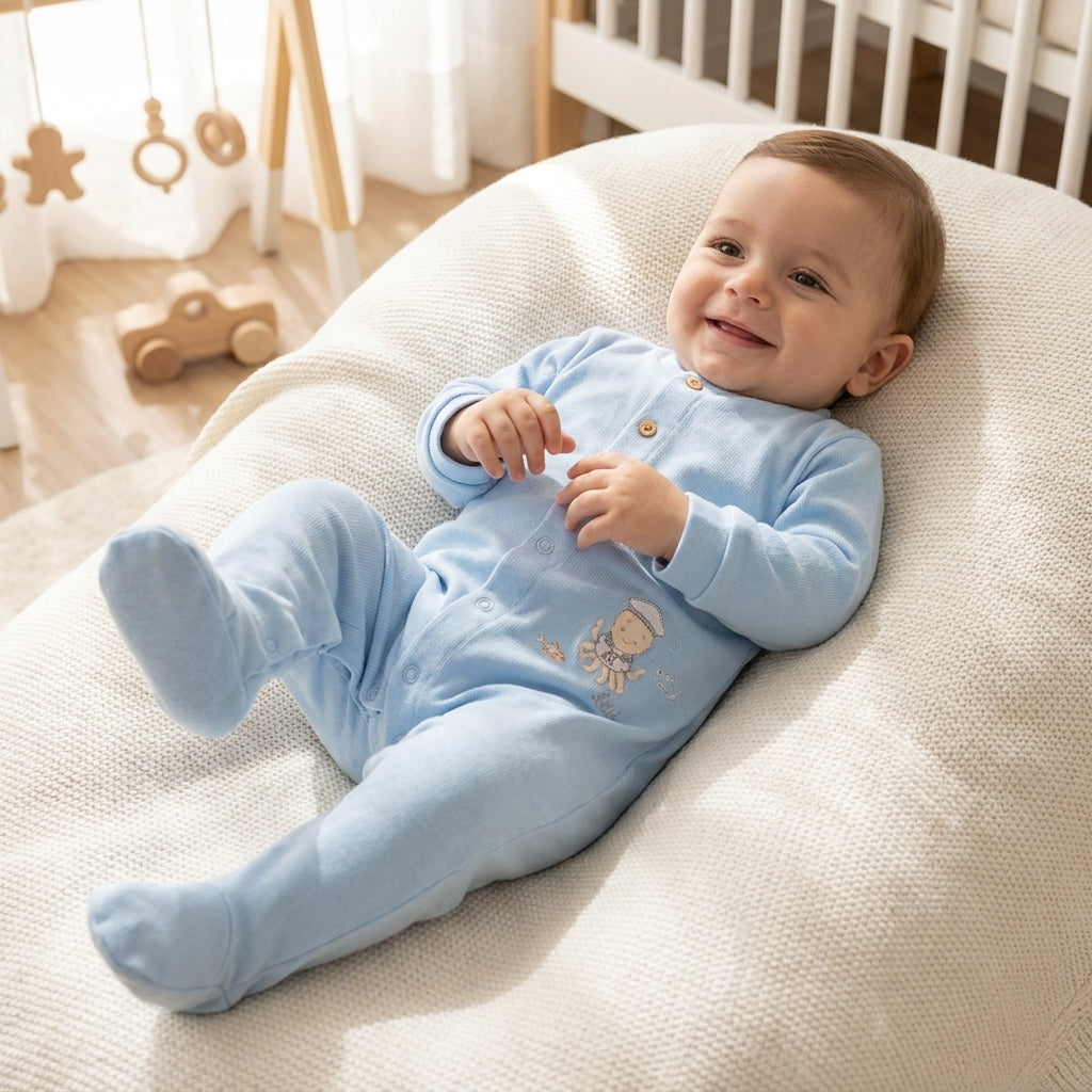 Macacão Bebê Azul com Bordado Náutico e Conforto