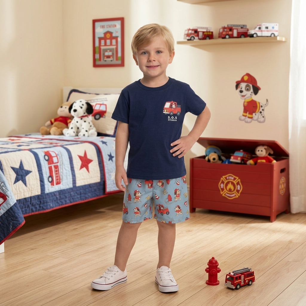 Camiseta Infantil Bombeiro em Meia Malha com Bermuda Tactel Confortável