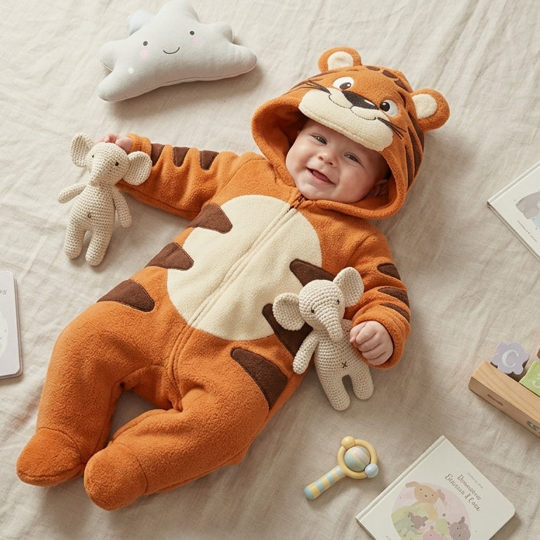 Macacão Divertido Fleece Pelúcia Tigre – Aconchego e Estilo no Outono/Inverno