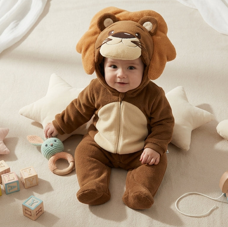 Macacão Divertido Fleece Pelúcia Leão – Aconchego e Estilo no Outono/Inverno