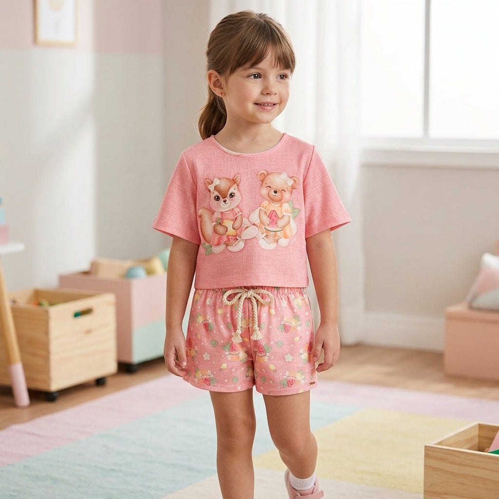 Conjunto Feminino Infantil Shorts em Malha Ursinha