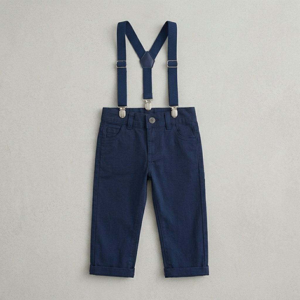 Calça Sarja para Bebê Menino – Estilo Mini Polegar Com Suspensorio
