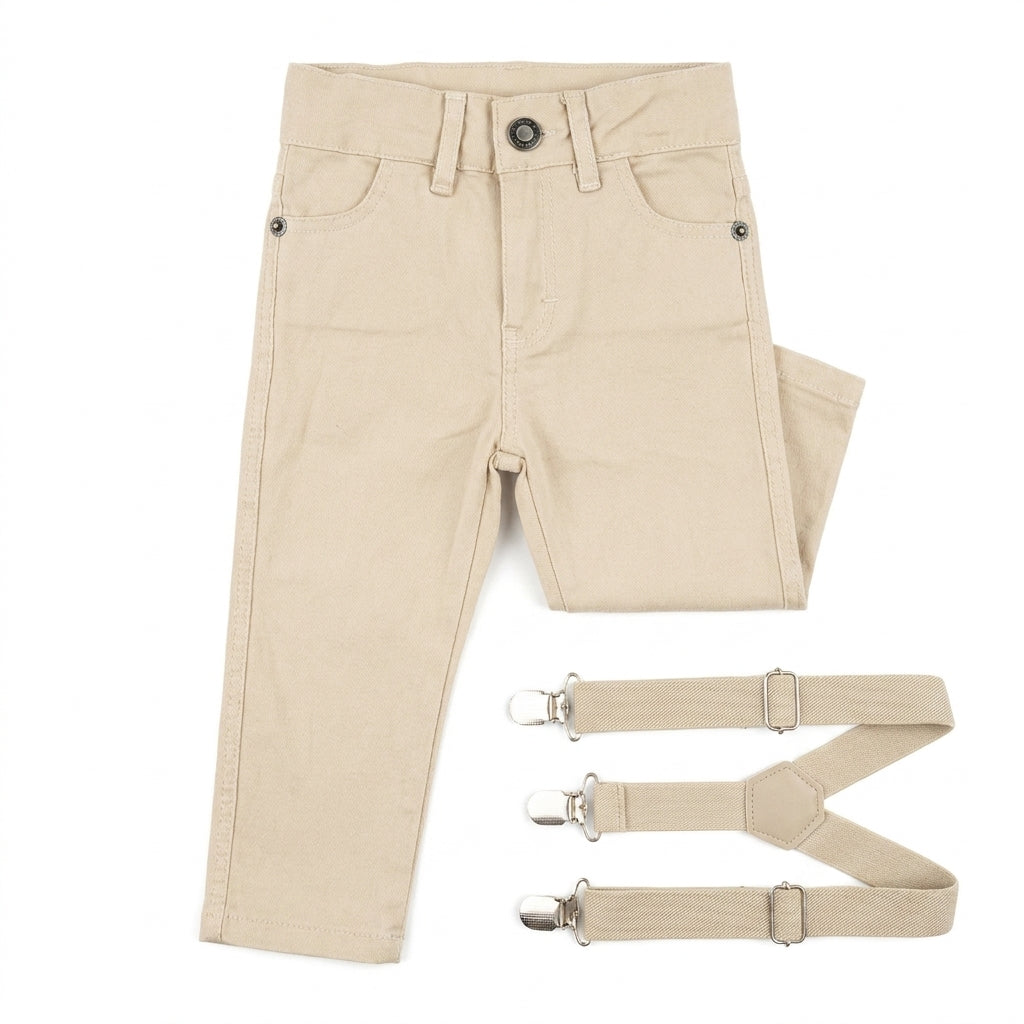 Calça Sarja para Bebê Menino – Estilo Mini Polegar Com Suspensorio