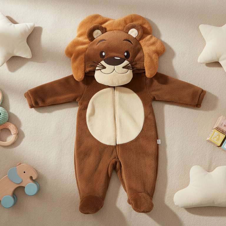 Macacão Divertido Fleece Pelúcia Leão – Aconchego e Estilo no Outono/Inverno