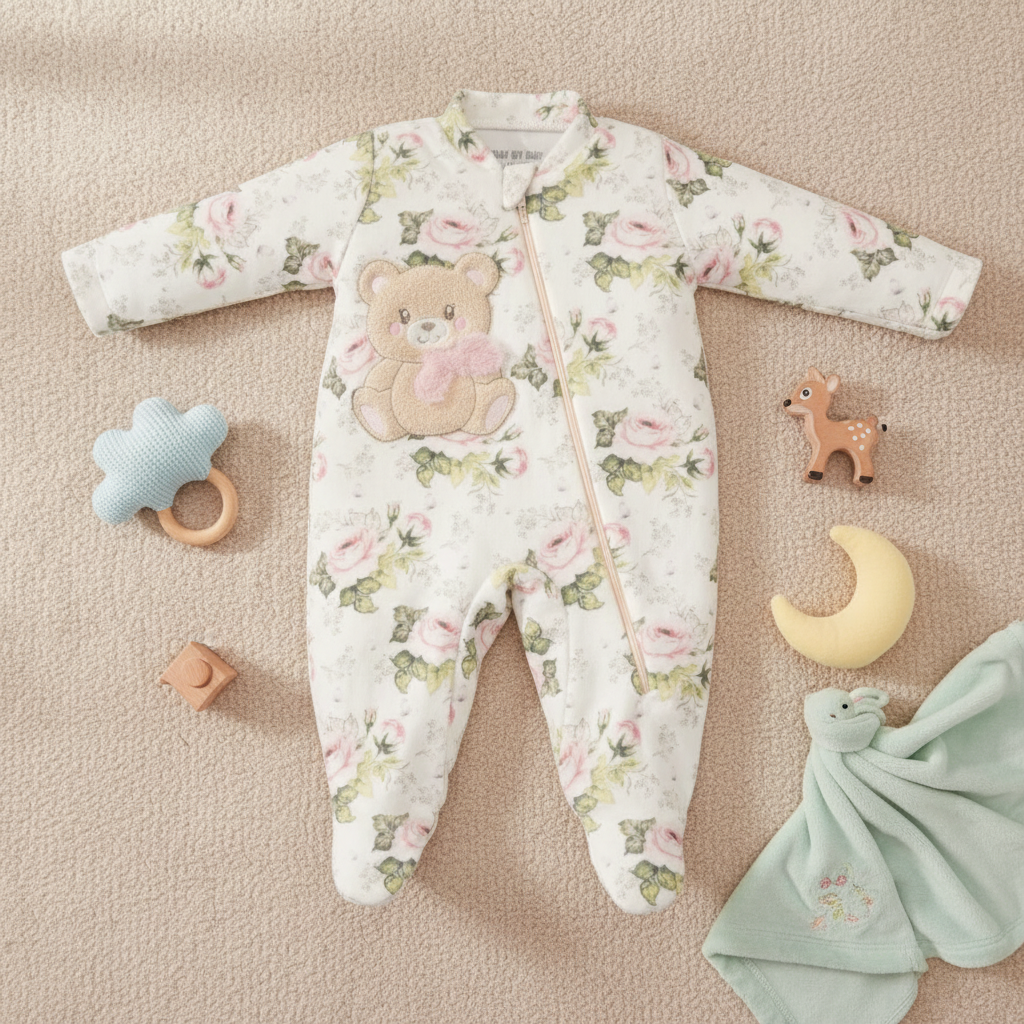 Macacão Feminino Bebê em Plush Floral com Ursinha