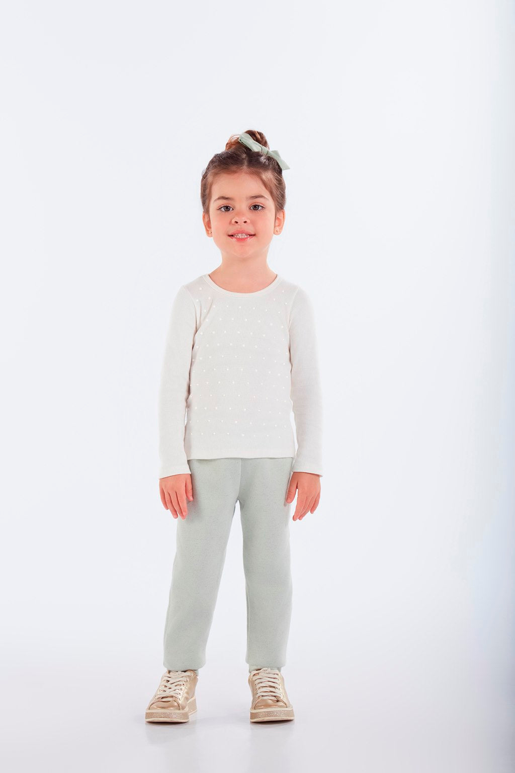Blusa Feminina Infantil Manga Longa Canelada Perolas