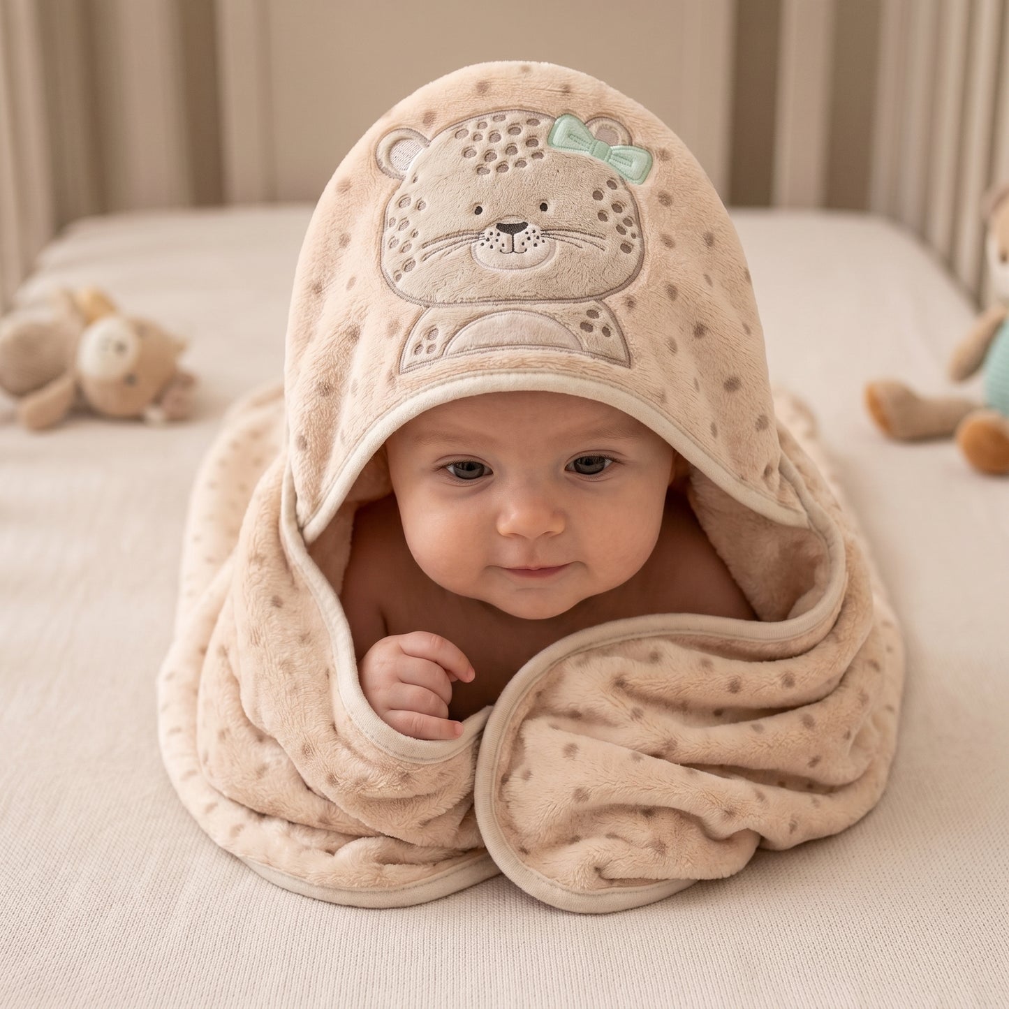 Cobertor Bordado de Microfibra Papi Friends com Capuz Oncinha Bia - Conforto Exclusivo para Seu Bebê