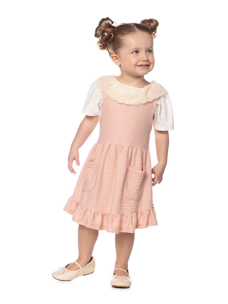 Conjunto Feminino Infantil Blusa em Malha Cotton Penteado e Salopete Anarruga