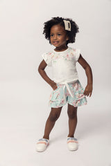Conjunto Feminino Infantil Blusinha Flor Shorts Jaquard Dente D'Leão