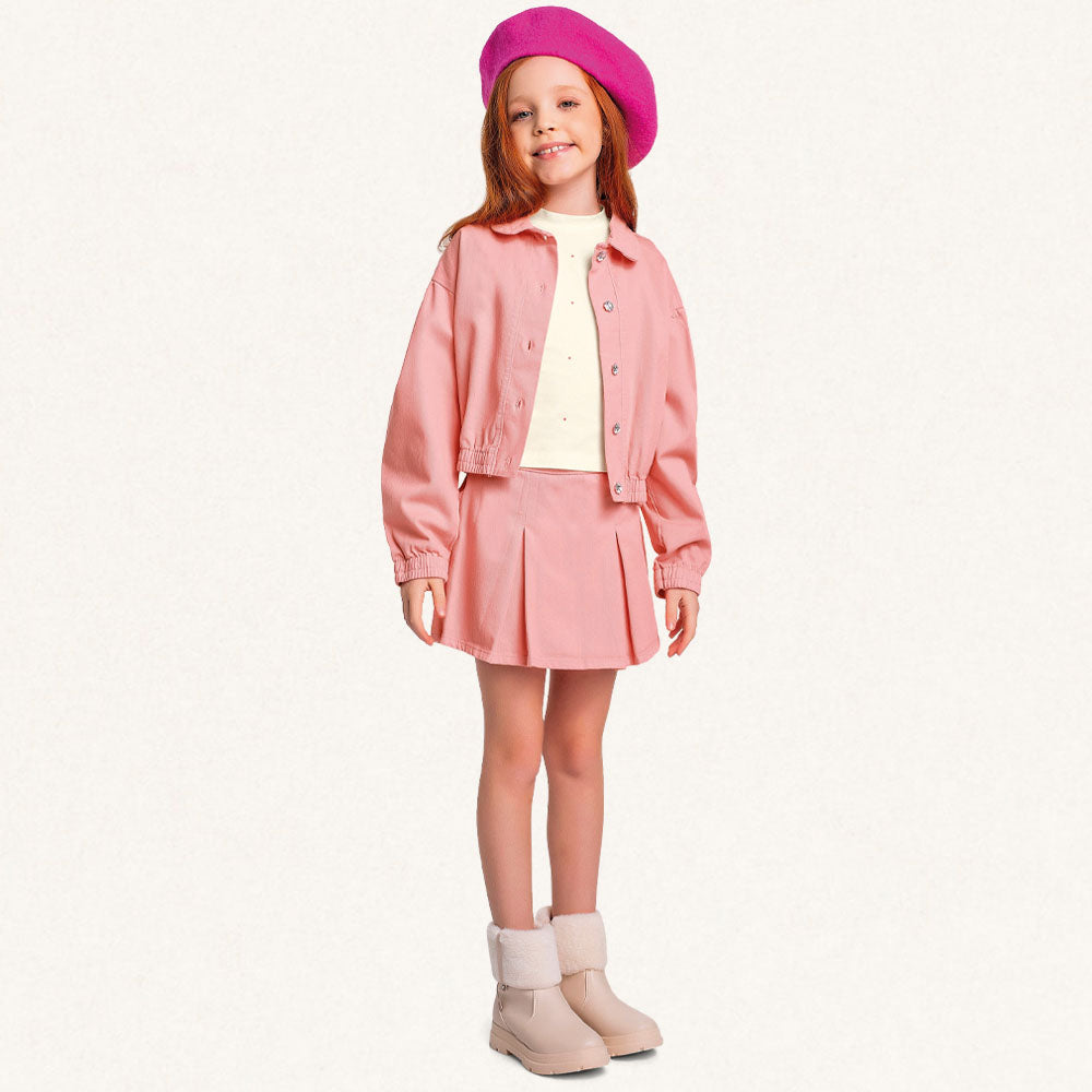 Conjunto Feminino Infantil Com Jaqueta e Shorts Saia Jeans