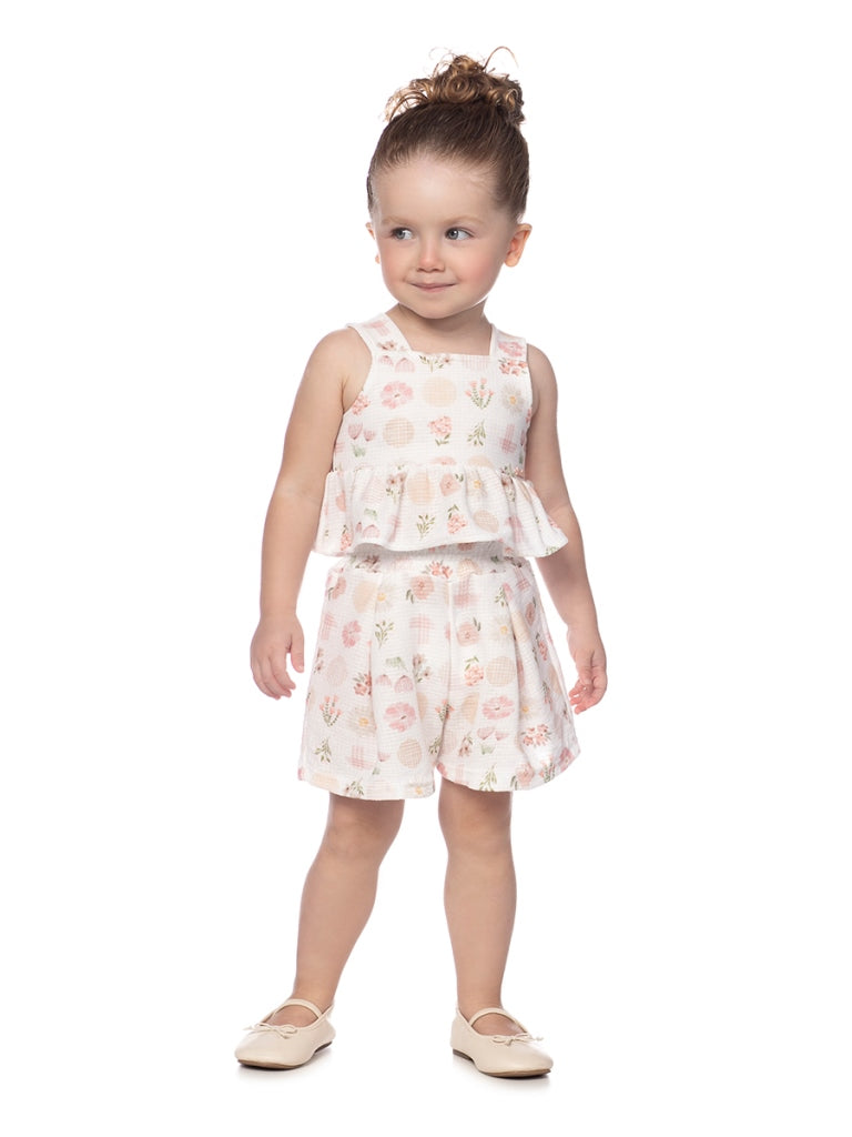Conjunto Feminino Infantil Cropped e Short Em Malha Honey Sublimada