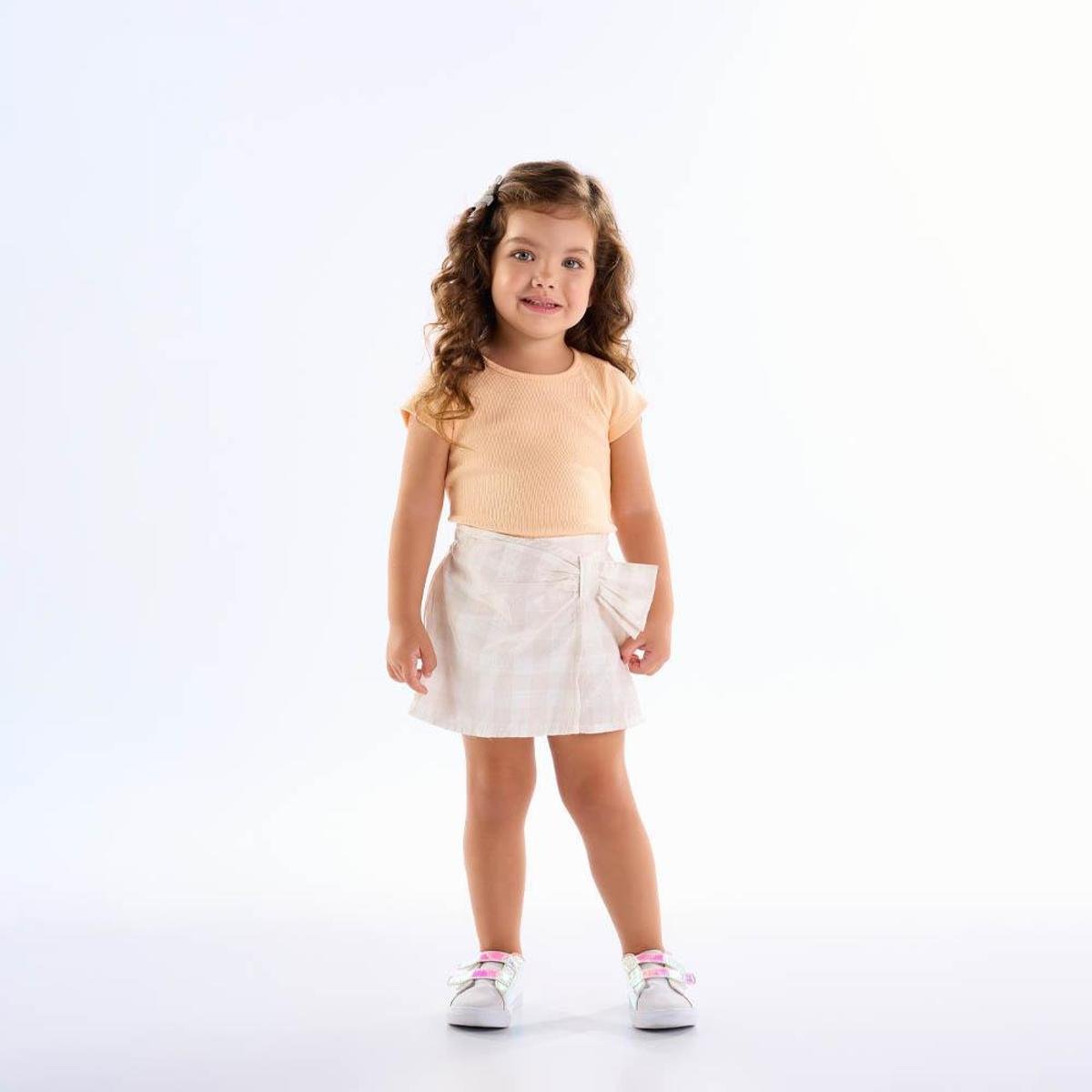 Conjunto Feminino Infantil Ribana e Shorts Saia Xadrez