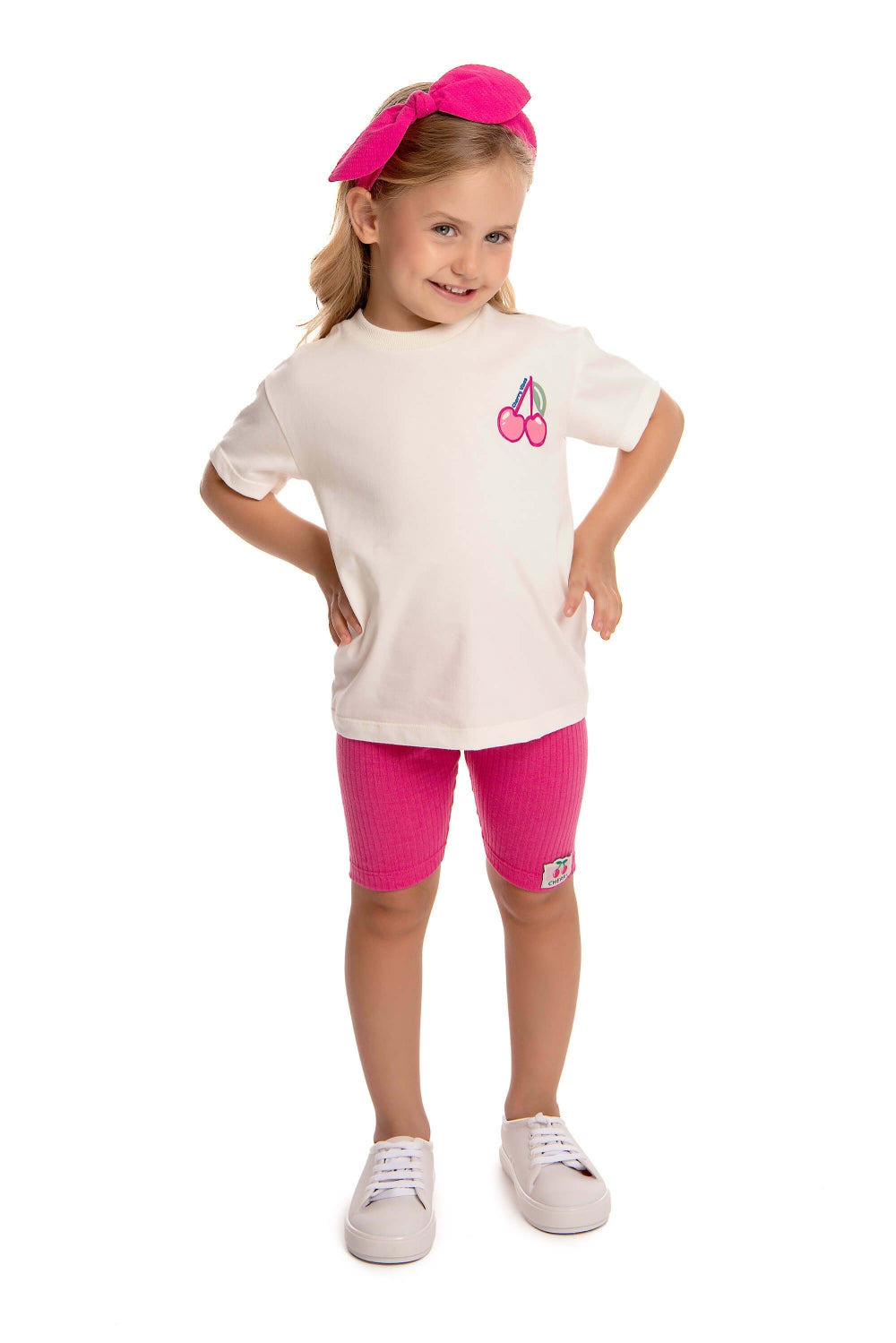 Conjunto Feminino Infantil T-Shirt Meia Malha Cerejinha
