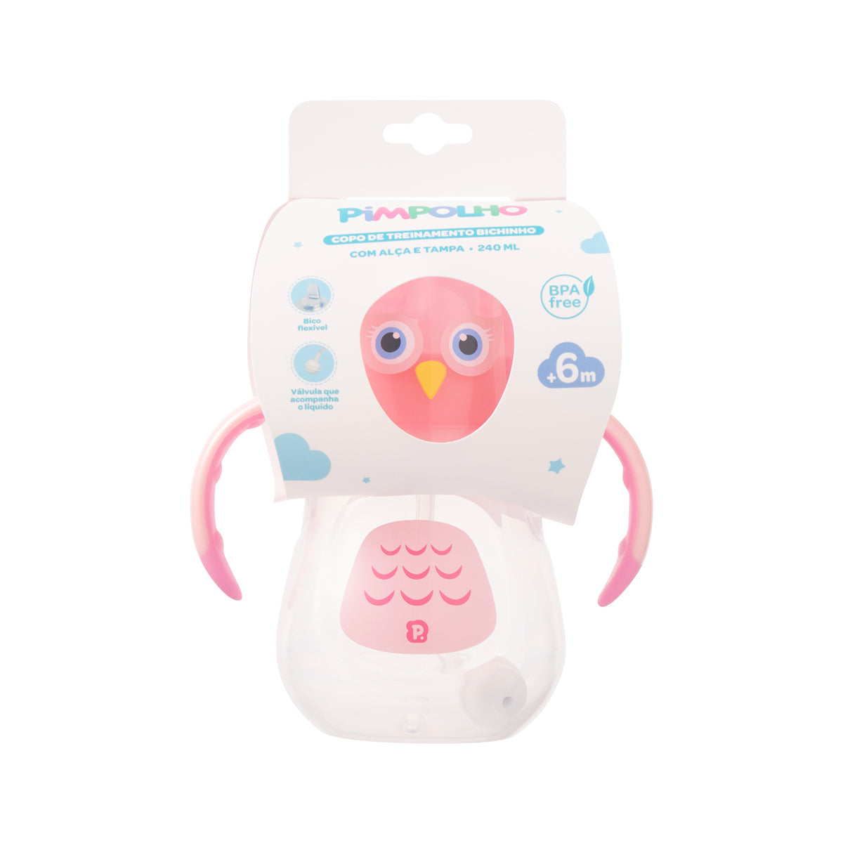 Copo de Treinamento Bichinho com Bico Flexível, Alça e Tampa 240ml Feminina Pimpolho Rosa/Coruja