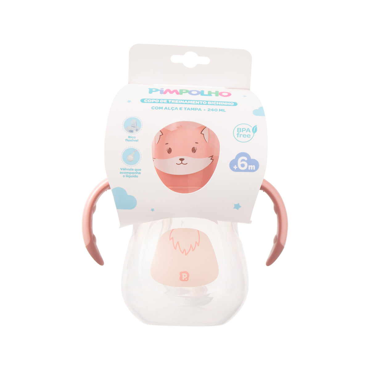 Copo de Treinamento Bichinho com Bico Flexível, Alça e Tampa 240ml Feminina Pimpolho Rosa/Raposa