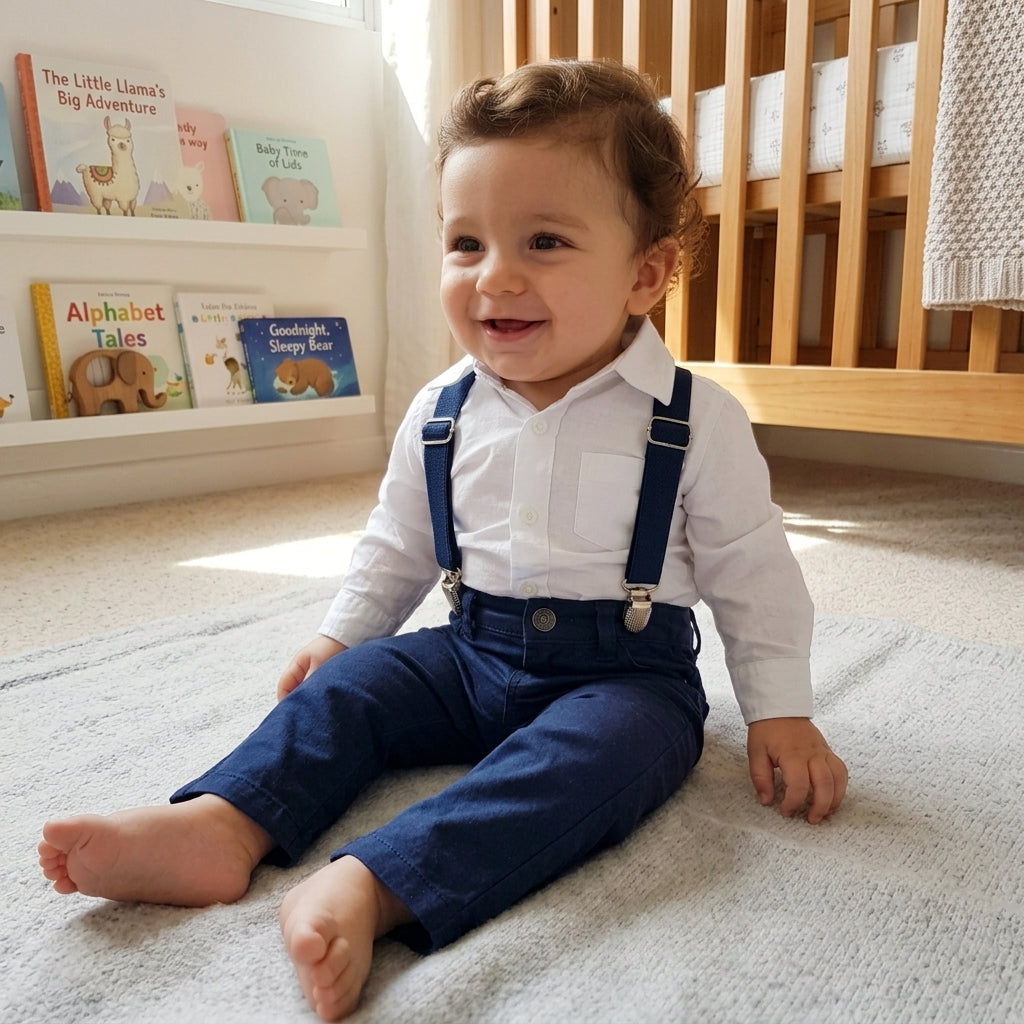 Calça Sarja para Bebê Menino – Estilo Mini Polegar Com Suspensorio