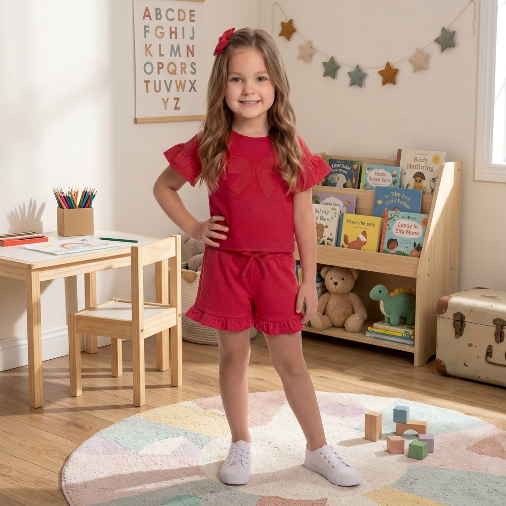 Conjunto Infantil de Meia Malha com Laço e Shorts Confortáveis