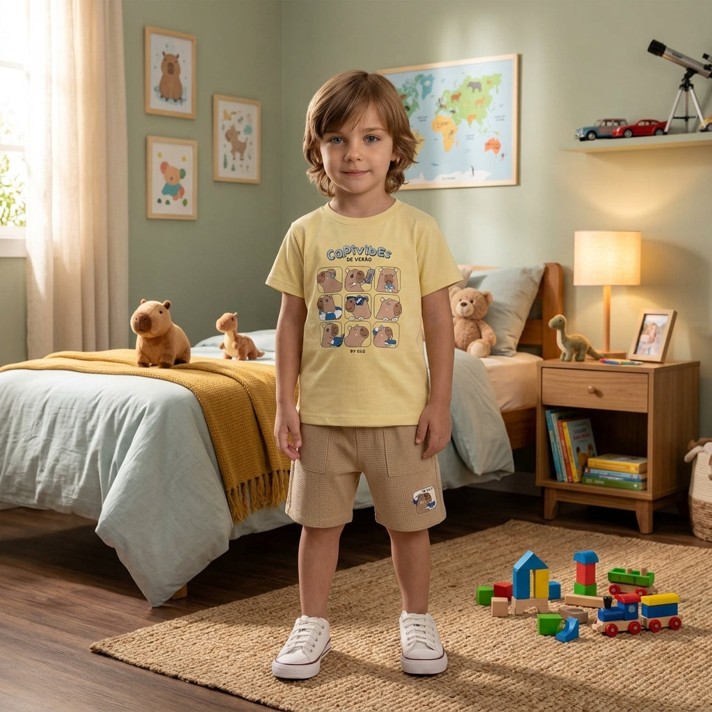 Camiseta Infantil Capivibes em Meia Malha com Bermuda Termal
