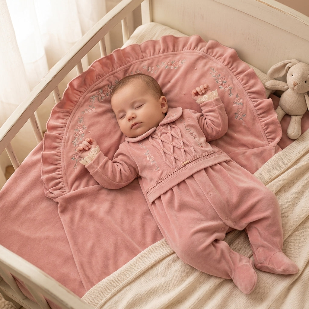 Kit Saida Maternidade de Bebê Rosa com Bordado Floral e Manta Elegante