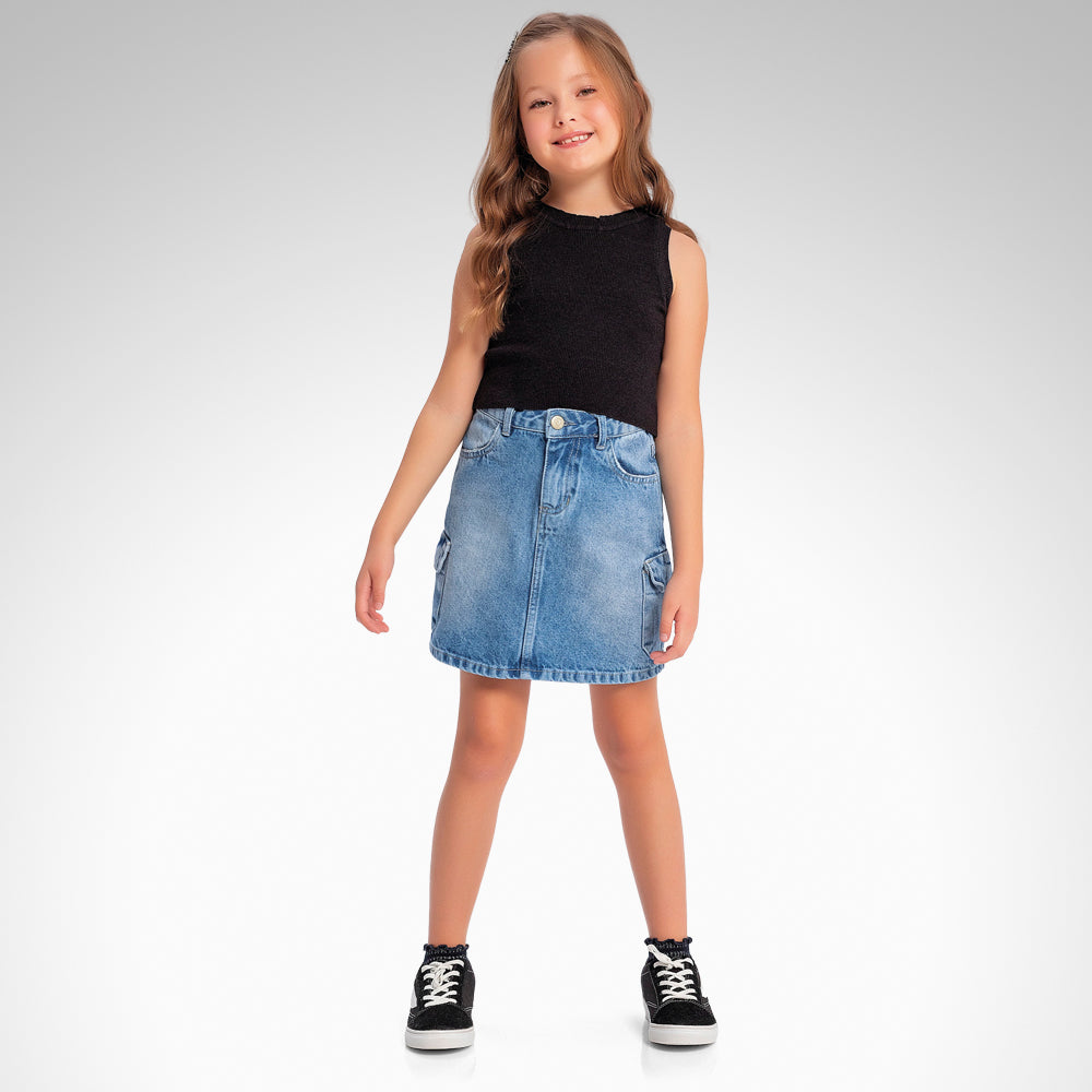 Saia Feminino Infantil Cargo Jeans